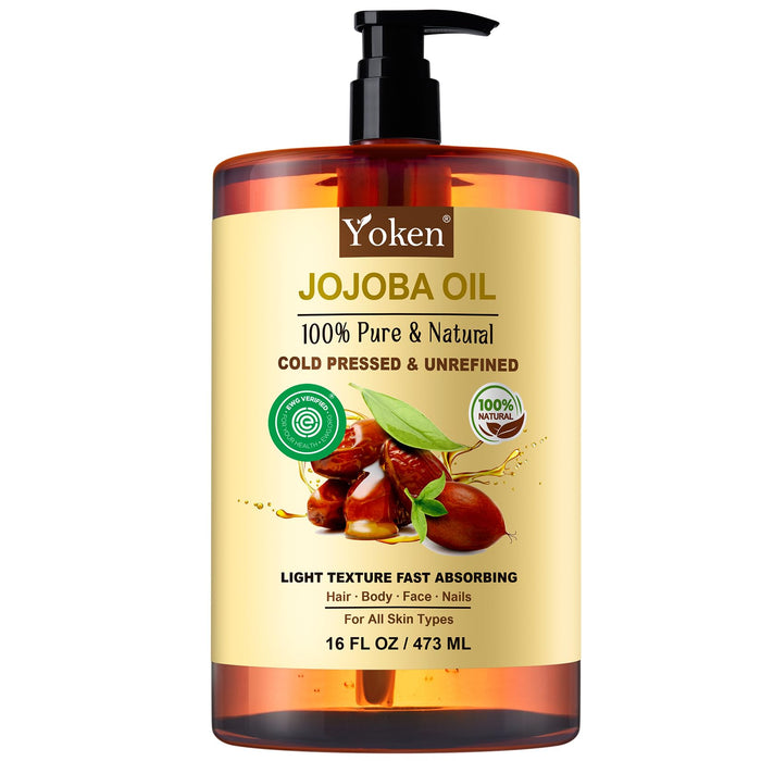 Yoken Pure Jojoba Oil 16 fl oz - 100% Natural Jojoba Oil for Hair, Skin & Face, Cold Pressed Unrefined, Deeply Moisturizing Jojoba Carrier Oil for Essential Oils Mixing, Soap Making