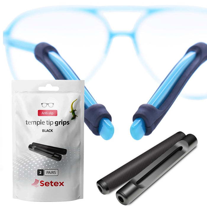 SETEX Gecko Grip Temple Tip Grips for Glasses, (2 Black Pairs) USA Made, Innovative Microstructured Fibers Tips, 49mm Length & 7mm Width