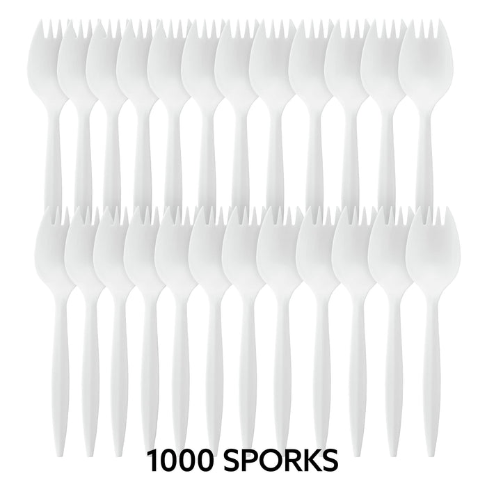 Plasticpro Cutlery Plastic Sporks Medium Weight Disposable Silverware White (1000 Count)