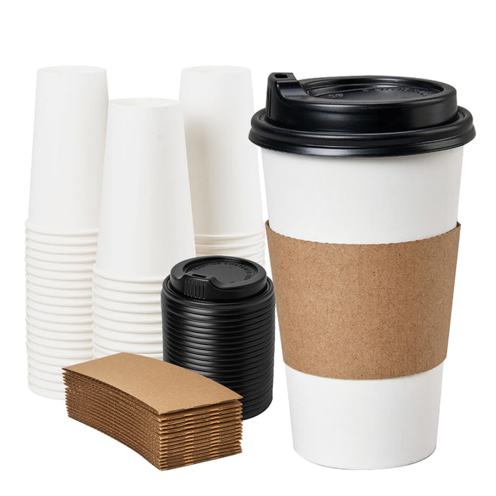 YEEHAW 16 oz 100 Pack Disposable Paper Coffee Cups with Lids & Sleeves, To Go Hot Cups for Coffee, Hot Beverage Drinking Cup, Ideal for Cafes, Bistros