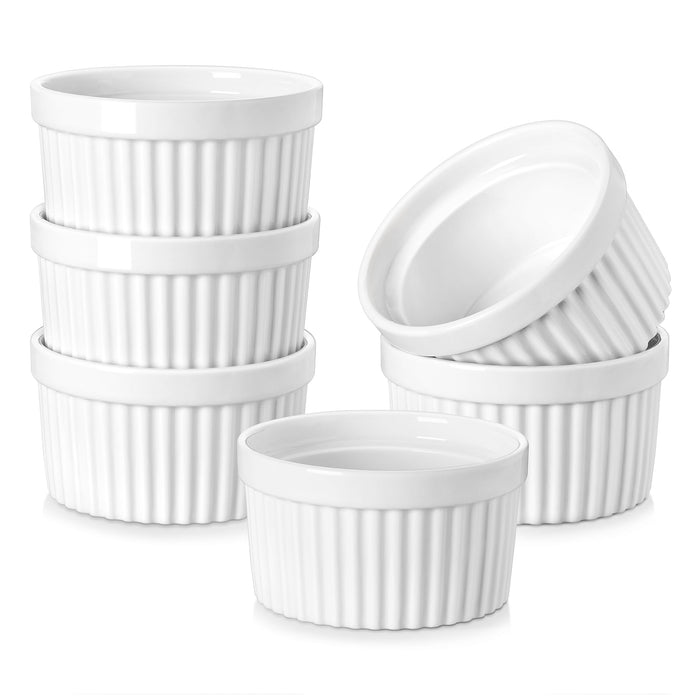 MALACASA Ramekins 8 oz Oven Safe, Porcelain Creme Brulee Ramekins Pudding Custard Cups Ceramic Souffle Dishes Ramakan Ramiken Ramicans Baking Bowls Set of 6, White, Series RAMEKIN-DISH