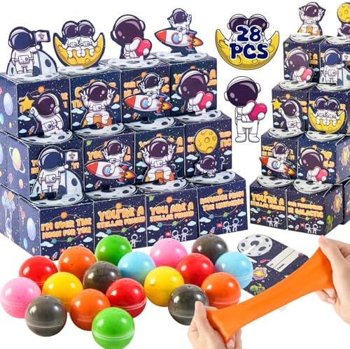 Valentine's Day Gifts for Kids, 28 Pack Galaxy Slime Balls with Valentine's Day Greeting Card Boxes, Stress Relief Fidget Toy for Kids Party Favor School Classroom Prizes, Valentine Exchange