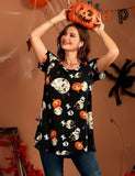 MONNURO Womens Halloween Shirts Short Sleeve Casual Loose Fit Flare Swing Plus Size Tunic Tops(Halloween-black,4X)