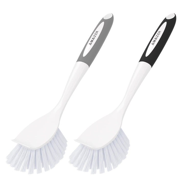 Amazer Dish Brush, 2 Pack Dish Scrubber with Handle, Kitchen Dishwashing Brushes, Scrub Brush with Stiff Bristles for Cleaning, Sink, Pots, Pans (Black+Grey)