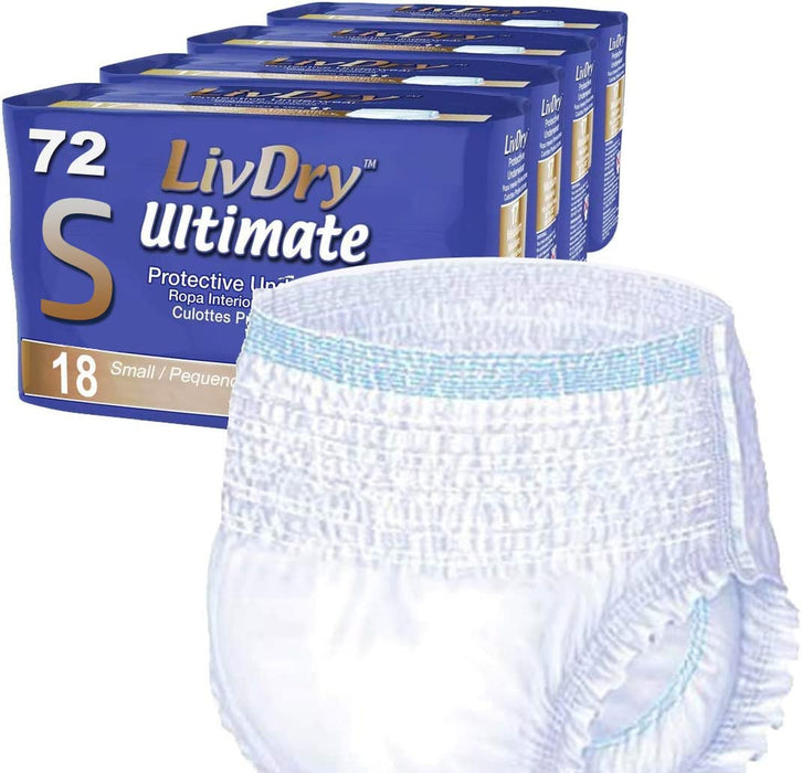 LivDry Small Ultimate Adult Incontinence Underwear, High Absorbency, Leak Cuff Protection, S, 72-Pack