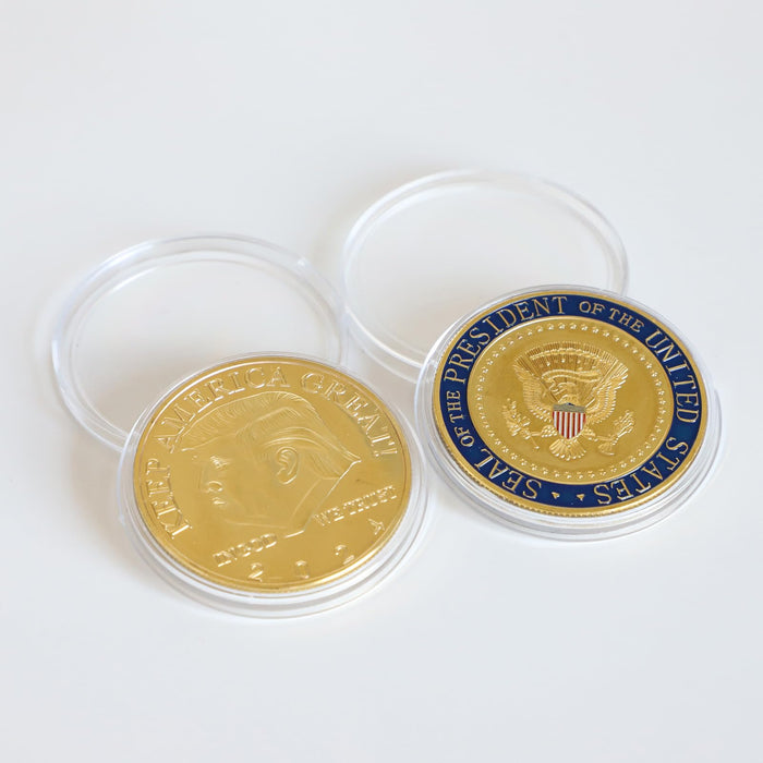 TAOMEINONG 2Pcs Trump 2024 Challenge Coin Trump Coins Gold Plated American Eagle Commemorative Coin Collectibles Item with Case