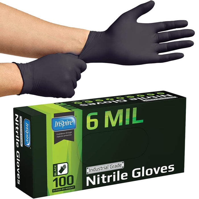 Inspire Black Nitrile Gloves HEAVY DUTY 6 Mil Nitrile Chemical Resistant Medical Cooking Cleaning Disposable Black Gloves (Large, 100, Count)