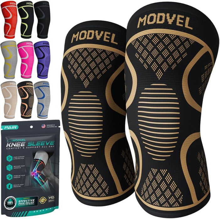 Modvel 2 Pack Knee Brace for Women & Men - Workout Knees Compression Sleeve for Knee Pain Relief Joint Support for ACL, Arthritis, Meniscus Tear Knees Brace for Sports, Rodilleras para Gym Fitness