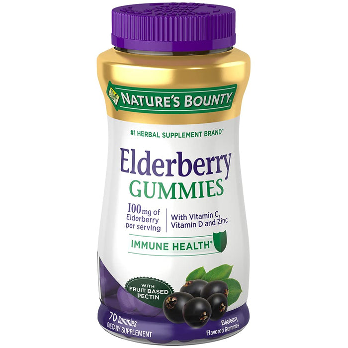 Nature's Bounty Elderberry Gummies, Dietary Supplement, Supports Immune Health, Contains Vitamin A, C, D, E and Zinc, 100 mg, 70 Gummies