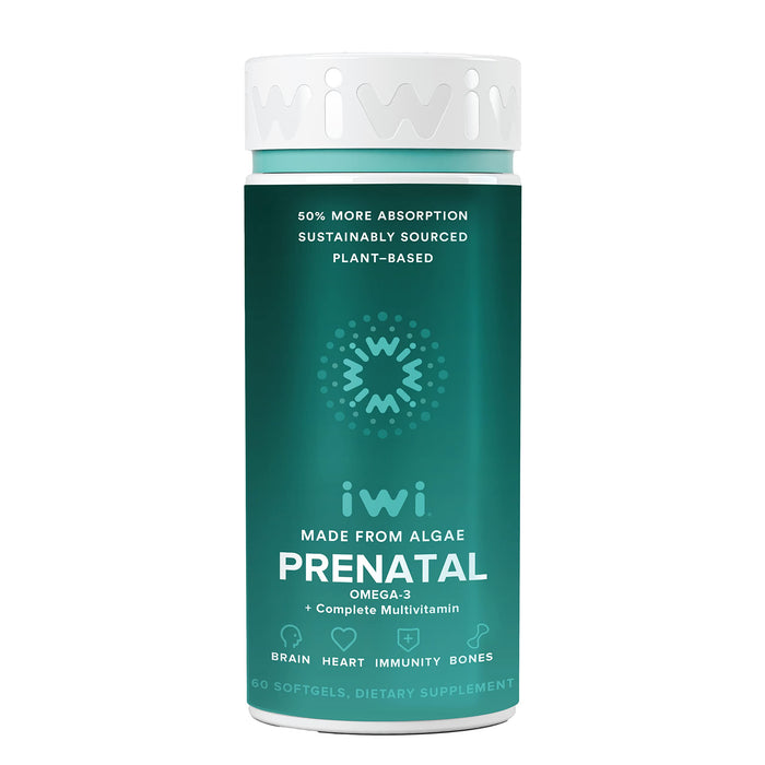 Iwi Prenatal Multivitamin, 60 Softgels (30 Servings), Vegan, Plant-Based Algae Omega 3 with EPA + DHA, Folate, Iron, Vitamin A, B12, C, D3, Calcium, Pregnancy Dietary Supplement for Mom & Baby