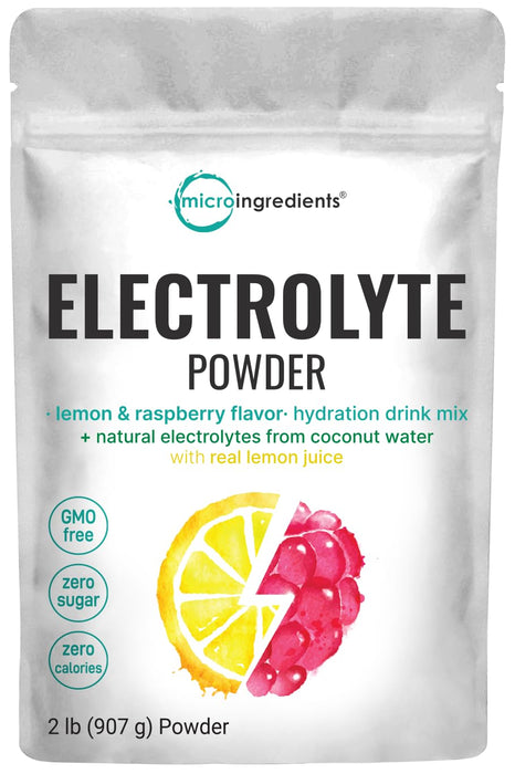 Micro Ingredients Hydration Electrolyte Powder, 2lbs (139 Servings), Keto & No Sugar - High Potassium (1000mg) with Lemon Raspberry Flavored - Made with Real Lemon Juice & Coconut Water - Non-GMO
