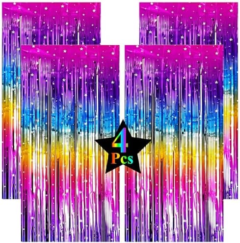 Pack of 4 Sparkling Neon Rainbow Foil Fringe Curtain Backdrop Metallic Streamers Photo Booth Props for Birthday Bachelorette Gay Pride Day Graduation Wedding 80s 90s Disco Party Decorations -3.3x6.6Ft