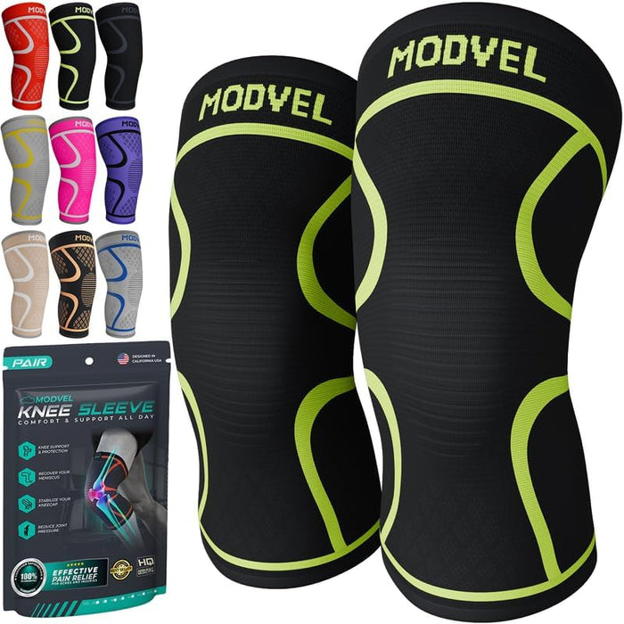 Modvel 2 Pack Knee Brace for Women & Men - Workout Knees Compression Sleeve for Knee Pain Relief Joint Support for ACL, Arthritis, Meniscus Tear Knees Brace for Sports, Rodilleras para Gym Fitness