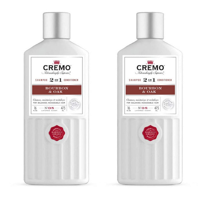 Cremo Bourbon & Oak Barber Grade 2-in-1 Shampoo & Conditioner, 16 Fl Oz (2-Pack) - A Sophisticated Blend of Distiller’s Spice, Fine Bourbon and White Oak