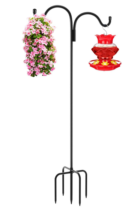 Gtongoko Double Shepherds Hook for Outdoor, 92 Inch Bird Feeder Pole with 5 Prongs Base, 5/8 Inch Thick Heavy Duty Adjustable Garden Hook for Hanging Plant, Lantern, Hummingbird Feeder, 1 Pack