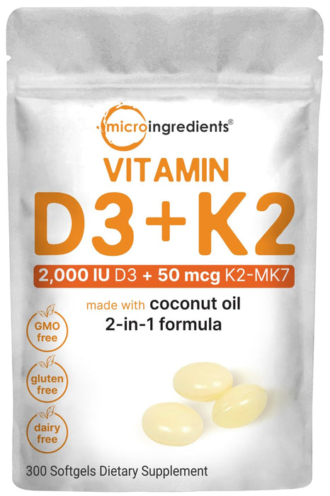 Vitamin D3 2,000 iu Plus K2 (MK-7) 50 mcg, 300 Virgin Coconut Oil Softgels | 2 in 1 Vitamins D & K Complex | Supports Calcium Absorption, Bone, Immune, & Heart Health – Easy to Swallow