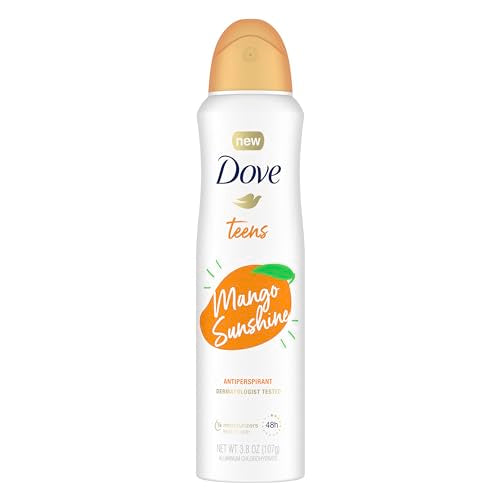 Dove Teens Dry Spray Antiperspirant Deodorant Mango Sunshine, for gentle underarm care, 48-hour underarm sweat protection, 3.8 oz