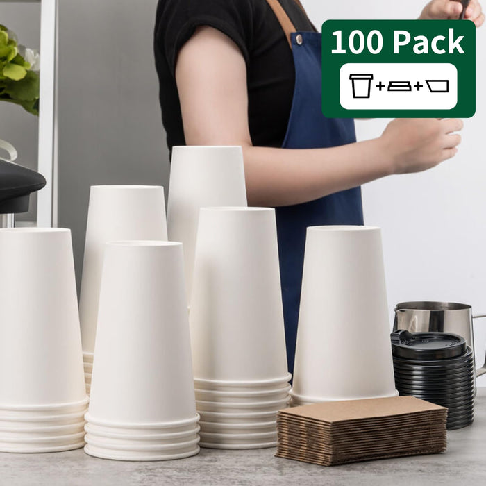 YEEHAW 16 oz 100 Pack Disposable Paper Coffee Cups with Lids & Sleeves, To Go Hot Cups for Coffee, Hot Beverage Drinking Cup, Ideal for Cafes, Bistros