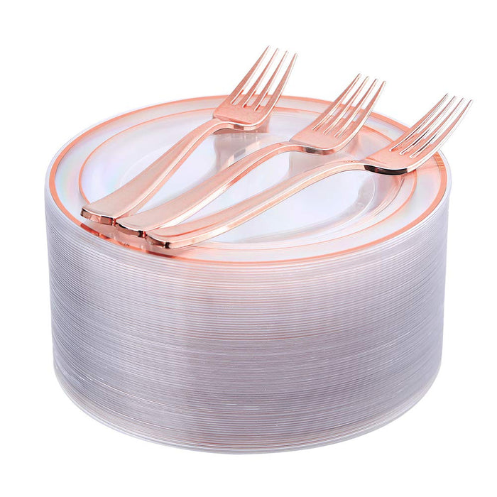 I00000 Rose Gold Plates 72 Pieces & Plastic Forks 72 Pieces, Small Cake Plates 7.5 inch, Premium Plastic Dessert Plates and Disposable Appetizer Plates Great for Party