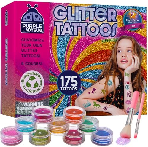 Purple Ladybug 175-Piece No-Mess Temporary Glitter Tattoo Kit for Kids – Easter Basket Stuffer, Birthday Gift for Girls 6-12, Sleepover Kit, Shimmer Body Art