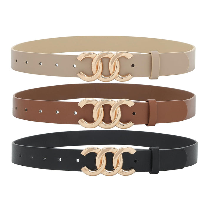 Pettata 3 Pack Women Belt for Jeans Dress Cinch Waist Belt for Ladies Faux Leather Belt with Gold Buckle Black Brown Beige 24-26