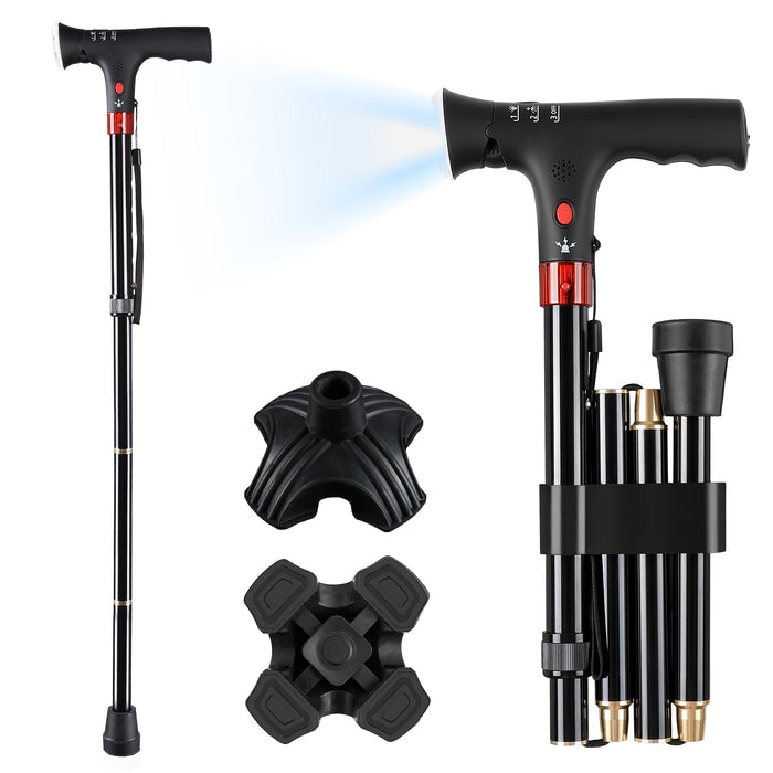 AGPTEK Folding Walking Cane for Women & Men, Adjustable Walking Stick with LED Light and Manual Alarm for Seniors & Adults, Heavy Duty Collapsible Cane with Quad & Tip Base