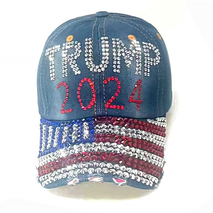 Gamusi Trump 2024 Baseball Cap Denim Distressed Bling Rhinestone Hat USA Flag Cap Adjustable Unisex (2024 Flag)