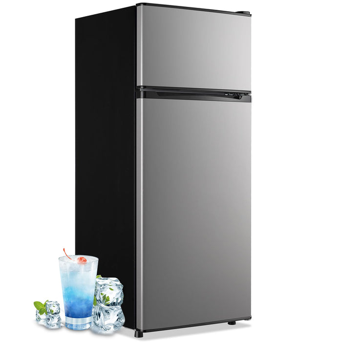 DEMULLER 4.5 CU.FT Refrigerator Silver Two Door Fridge with 7 Temperature Settings Spacous Capacity & Ideal Size for Modern Kitchen 3 Glass Shelves & 2 Wheels for Easy Use