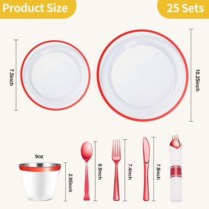 Goodluck 175 Piece Red Plastic Dinnerware Set for Party, Clear Disposable Plates for 25 Guests, Include: 25 Dinner Plastic Plates, 25 Dessert Plates, 25 Pre Rolled Napkins with Cutlery Set, 25 Cups