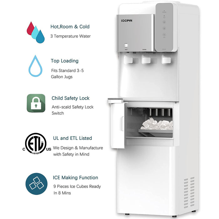 SOOPYK Hot and Cold Water Dispenser with Ice Maker for 5 Gallon Bottle Water Cooler Dispenser Built-in Ice Maker 27 lbs in 24 hrs with Child Safety Lock