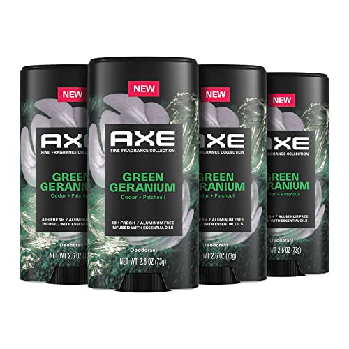 AXE Fine Fragrance Collection Aluminum No Deodorant Stick for Men Green Geranium 4 Count with 48H Odor Protection and All-Day Freshness Infused with Geranium, Cedar & Patchouli Essential Oils 2.6 oz
