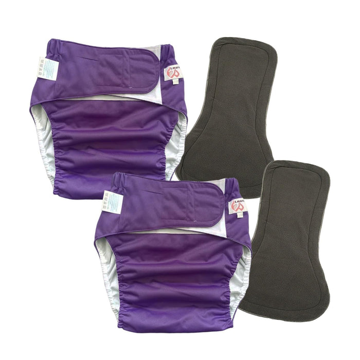 2 Pack Adult Cloth Diapers with Diaper Inserts, Washable Reusable Adult Diaper Cover Elderly Incontinence Protection Nappies Underwear Adult Diaper for Women Man, Waist 39.4-53.2” (Purple XL)