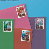 USPS Snow Globes (Booklet of 20) Forever Postage Stamps (A Snowman, Santa Claus Poised on a Chimney, a Majestic Deer, and a Christmas Tree) 2023 Scott #5816-5819