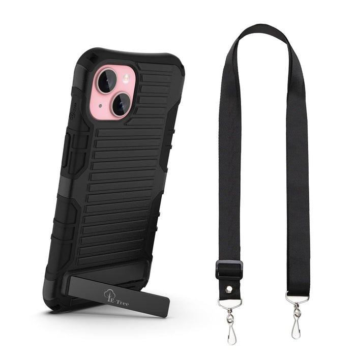 E-Tree for iPhone 15 Case, with Crossbody Strap and Stand, Protective Shockproof Hard Phone Case Black, Perfect for Go Outside and Kid Elderly