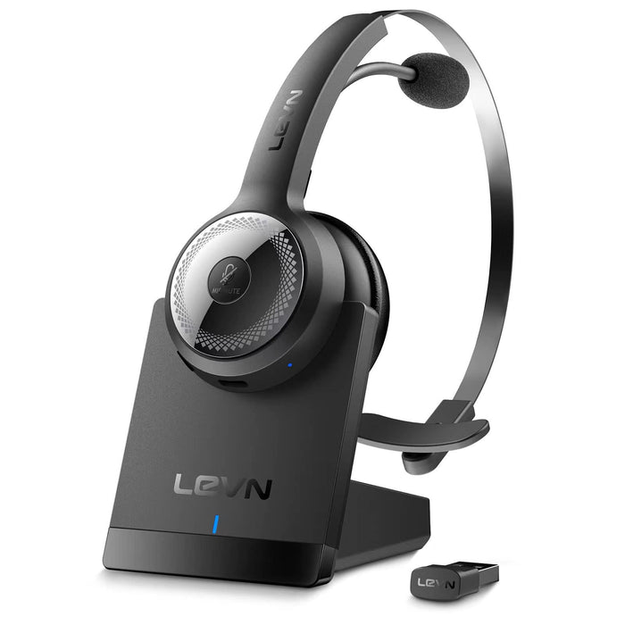 LEVN Bluetooth 5.0 Headset, Wireless Headset with Microphone (AI Noise Cancelling), 35Hrs Bluetooth Headphones with USB Dongle for PC, Suitable for Remote Work/Call Center/Zoom/Online Class/Trucker