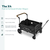 WONDERFOLD X4 Push & Pull Quad Stroller Wagon (4 Seater) - Collapsible Wagon Stroller with Seats with 5-Point Harnesses, Adjustable Push Handle, and Sun Canopy, Black