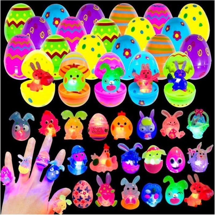 24 Pack Prefilled Easter Eggs with 3D Finger Lights Up Rings Toys Grow in the Dark Great for Kids Girls Boys Easter Basket Stuffers Eggs Fillers