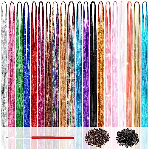 Hair Tinsel Kit (48 Inch, 20 Colors, 6000 Strands), Glitter Tinsel Hair Extensions with Tools - Fairy Hair Tinsel Heat Resistant Accessories for Women Girls Kids