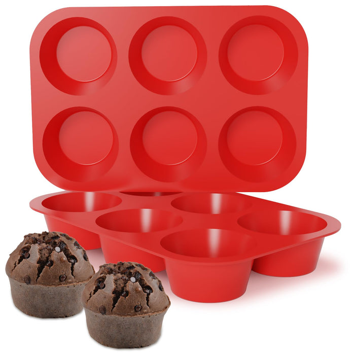 Silicone Jumbo Muffin Pan, 3.5 Inch Silicone Texas Muffin Pan 6 Cup Large Cupcake Pan Nonstick BPA Free 2 Pack Red