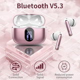 Wireless Earbuds Bluetooth 5.3 Headphones Bass Stereo Ear Buds with Noise Cancelling Mic LED Display in Ear Earphones IP7 Waterproof 36H Playtime for Laptop Pad Phones Sports Workout Rose Gold