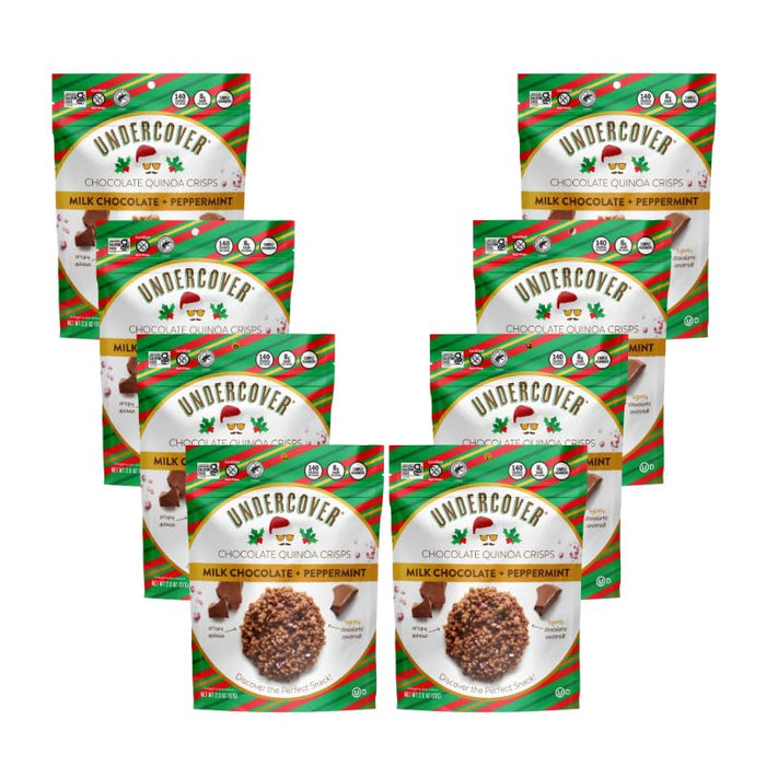 Undercover Chocolate Quinoa Crisps - Milk Chocolate + Peppermint Quinoa Crisps | 8-Pack, 2oz Bags | Gluten Free, Nut-Free, Allergen Friendly, Kosher