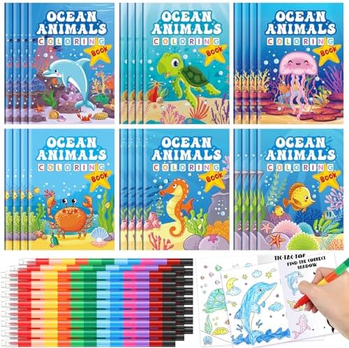 24 Set Valentine's Day Exchange Classroom Gifts, 24 Under the Sea Coloring Book with 24 Stacking Crayons for Students Party Favors Stockings Pinata Filler School Goodie Bag Stuffers
