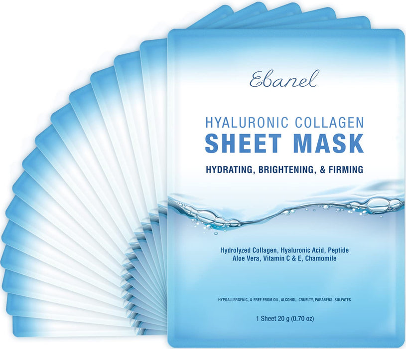 Ebanel 15 Pack Collagen Peptide Hydrating Face Masks, Instant Brightening Firming Anti Aging Face Sheet Masks, Moisturizing Spa Face Masks Skincare with Hyaluronic Acid, Vitamin C, Chamomile, Aloe