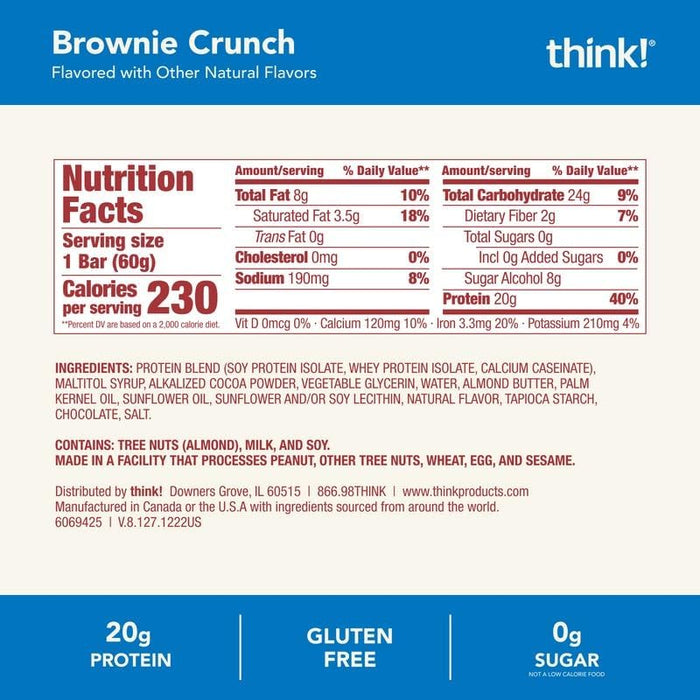 think! Protein Bars, High Protein Snacks, Gluten Free, Kosher Friendly, Brownie Crunch, Nutrition Bars, 2.1 Oz per Bar, 12 Count (Packaging May Vary)