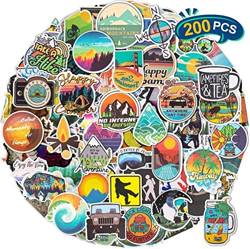 200Pcs Waterproof Vinyl Stickers - Personalize Belongings Decal with Outdoor, Nature, Adventure, National Park, Hiking, Camping, and Travel Themes, Decor Idea for Water Bottles, Laptops, Phone