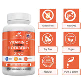 Elderberry with Zinc and Vitamin C For Adults - Vitamin C 1000mg Capsules with Zinc 50mg & Elderberry for Immune Support & Antioxidant Protection - Easy To Swallow, Non-GMO - 60 Veggie Capsules