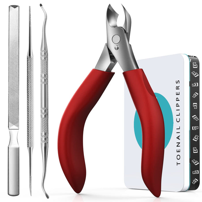 Toenail Clippers for Thick Nails for Seniors - Heavy Duty Toe Nail Clippers Kit with Long Handle for Men & Elderly with Inflexible Joints, Professional Nail Clippers Kit for Thickened Toenails (Red)