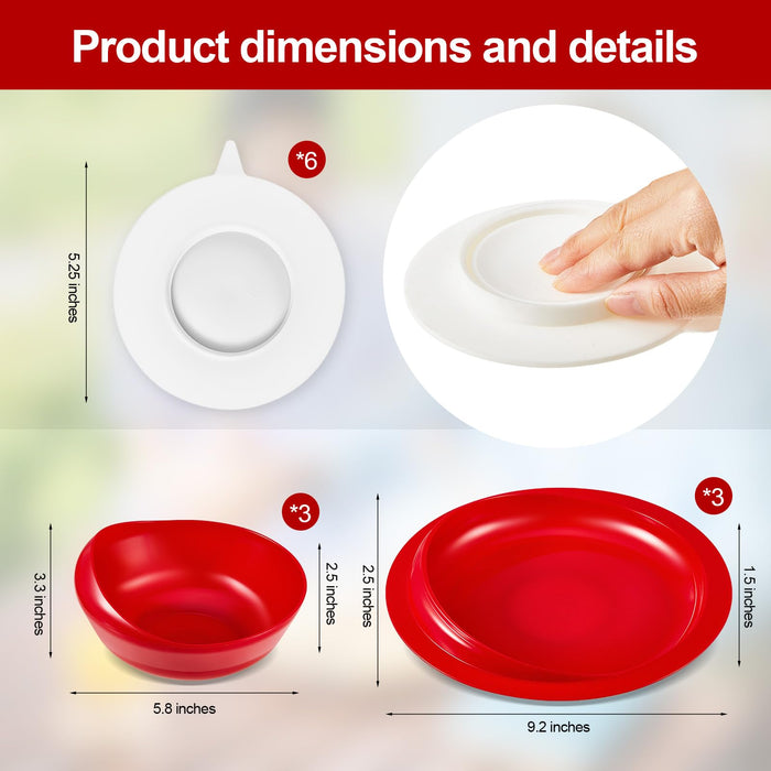 Hushee 3 Sets Spill Proof Scoop Bowl and Plate Set with Suction Base Adaptive Self Feeding Dinnerware for Elderly Disabled Handicapped from Parkinsons, Dementia, Stroke, Tremors (Red)