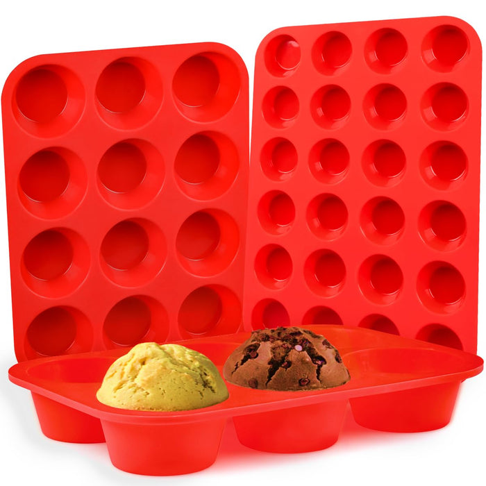 Silicone Muffin Pan Set - Mini 24 Cups, Regular 12 Cups Cupcake Pan, Jumbo 6 Cups Muffin Pan Silicone Bakeware for Baking Set of 3