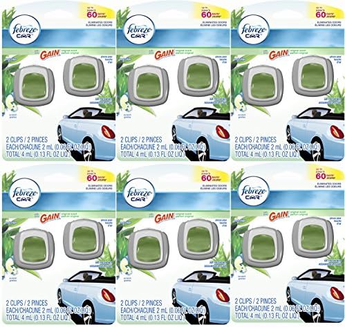 Febreze Car Vent Clip Air Freshener, Gain Original, 2 Count, (Pack of 6)
